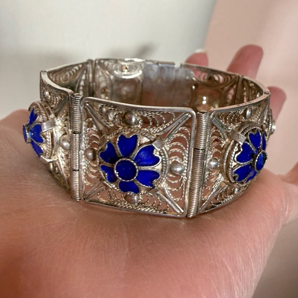 Antique victorian art deco .800 silver filigree cobalt blue enamel wide bracelet